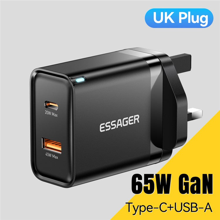 ESSAGER 65W Fast Charging Portable Power Adapter USB-A + Type-C Dual Ports Travel Charger - UK Plug