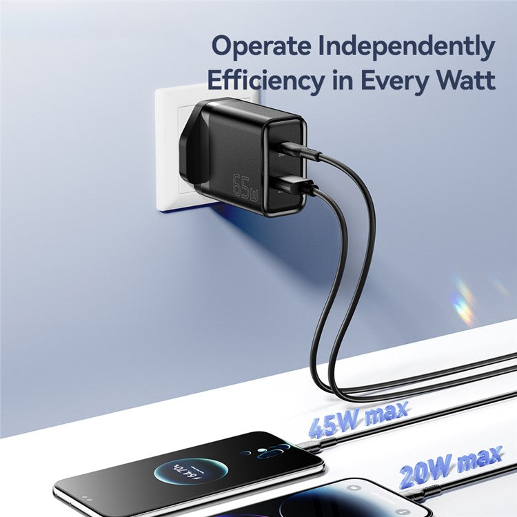 ESSAGER 65W Fast Charging Portable Power Adapter USB-A + Type-C Dual Ports Travel Charger - UK Plug