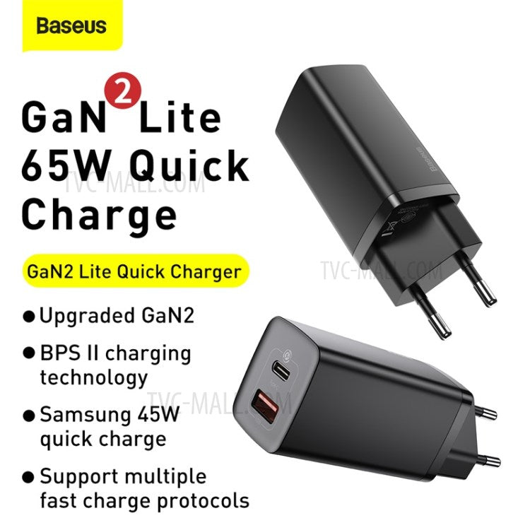 BASEUS GaN2 Lite Quick Charger Type-C+USB 65W Wall Charger EU Plug - Black