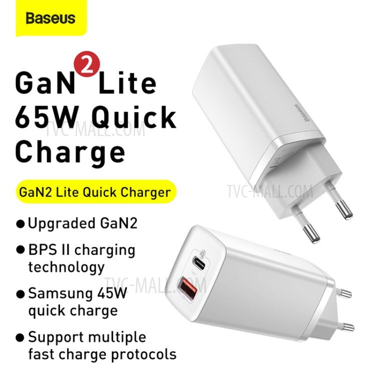 BASEUS GaN2 Lite Quick Charger Type-C+USB 65W Wall Charger EU Plug - White