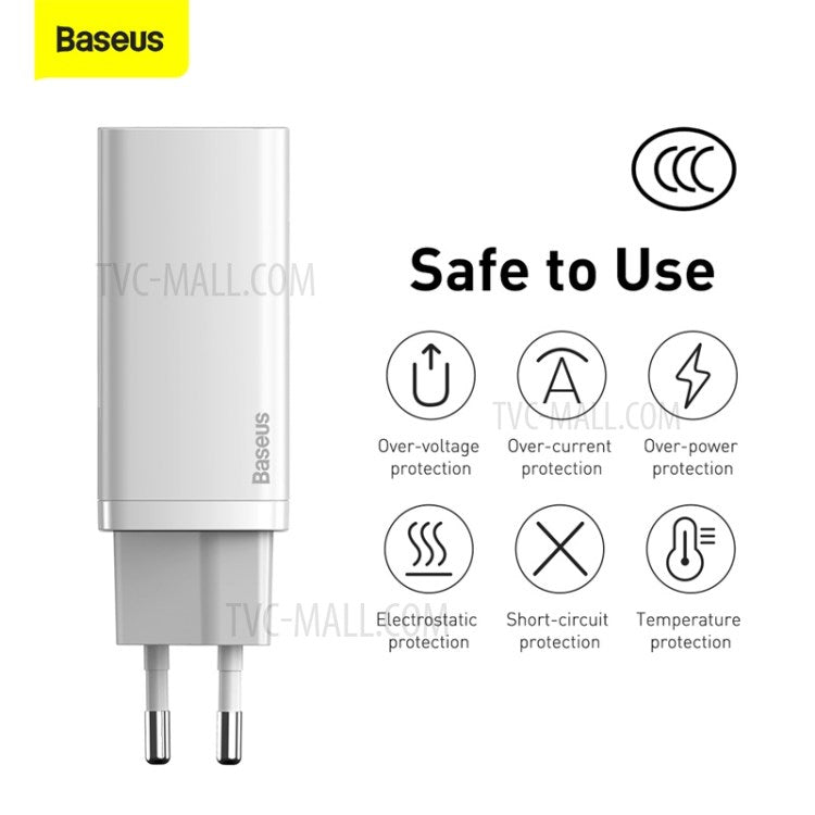 BASEUS GaN2 Lite Quick Charger Type-C+USB 65W Wall Charger EU Plug - White