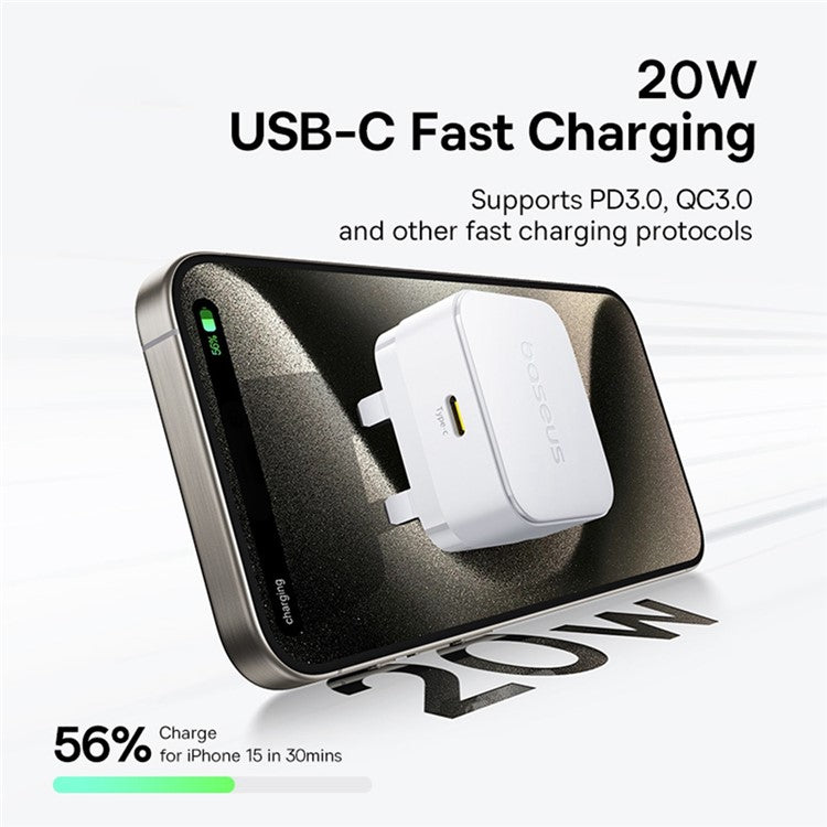 BASEUS Palm Fast Charger 20W Fast Charging Type-C Adapter UK Plug with Type-C Cable - White