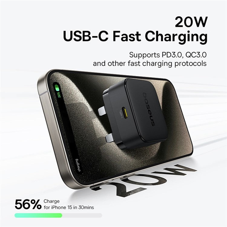 BASEUS Palm Fast Charger 20W Fast Charging Type-C Adapter UK Plug with Type-C Cable - Black