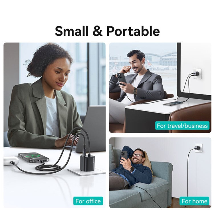 USAMS CC261 GaN Fast Charger Block 20W Dual Port Wall Charger with Type-C Cable, EU Plug - Black