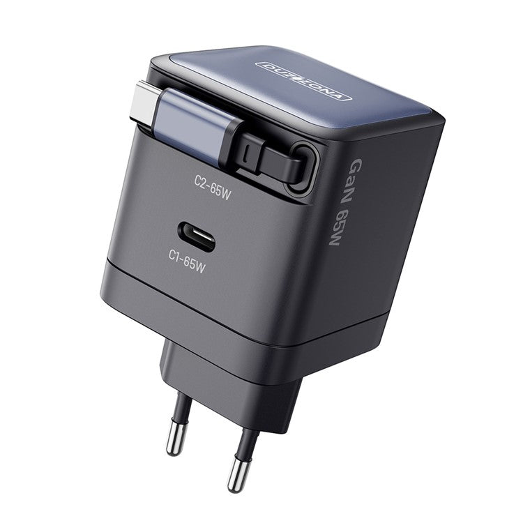 DUZZONA T10 Travel Charger PD 65W GaN Fast Charging Adapter With Retractable Type-C Cable, EU Plug