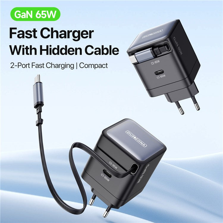 DUZZONA T10 Travel Charger PD 65W GaN Fast Charging Adapter With Retractable Type-C Cable, EU Plug