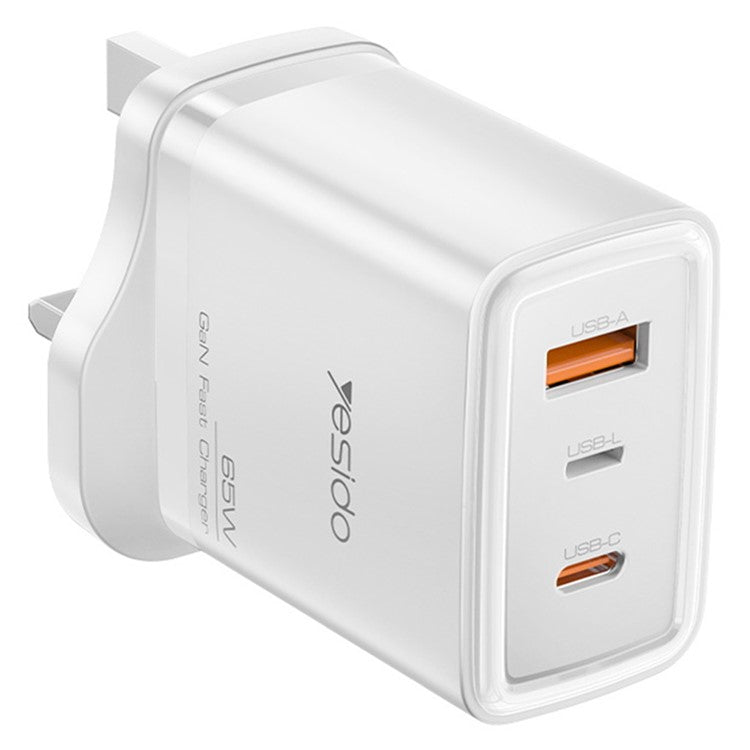 YESIDO YC89 USB-A + iP + Type-C 3-Port Power Adapter PD 65W Fast Charging Wall Charger, UK Plug