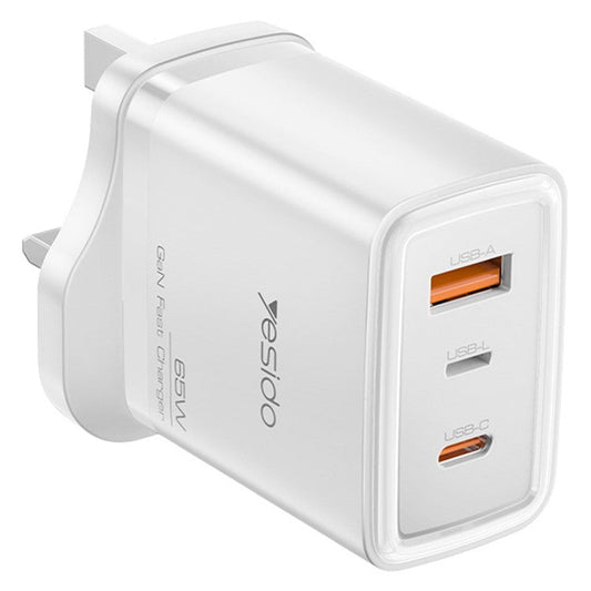 YESIDO YC89 USB-A + iP + Type-C 3-Port Power Adapter PD 65W Fast Charging Wall Charger, UK Plug