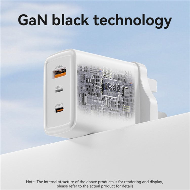 YESIDO YC89 USB-A + iP + Type-C 3-Port Power Adapter PD 65W Fast Charging Wall Charger, UK Plug