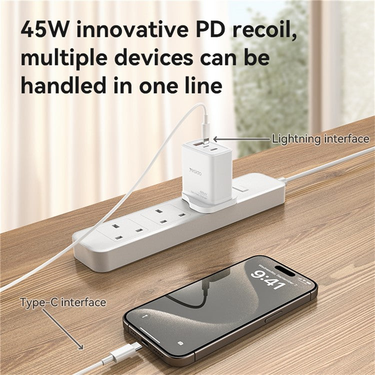 YESIDO YC89 USB-A + iP + Type-C 3-Port Power Adapter PD 65W Fast Charging Wall Charger, UK Plug