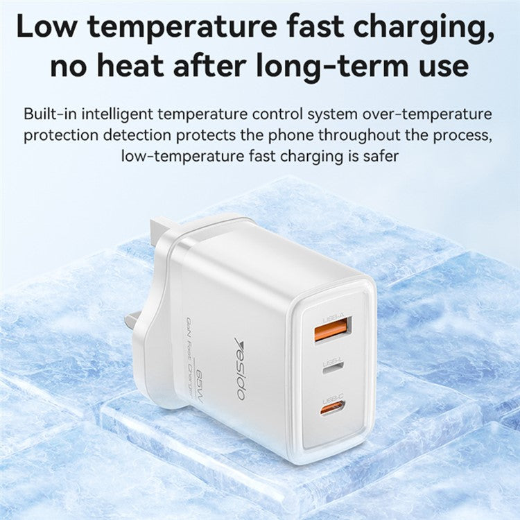 YESIDO YC89 USB-A + iP + Type-C 3-Port Power Adapter PD 65W Fast Charging Wall Charger, UK Plug