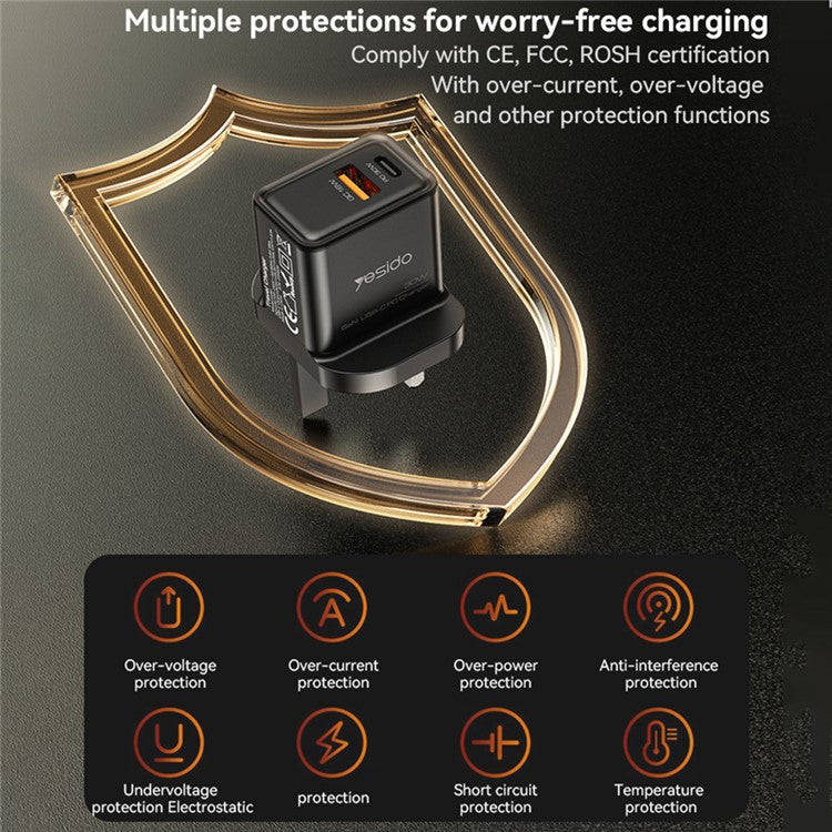YESIDO YC83 GaN 30W Phone Charger USB+Type-C Port Power Adapter