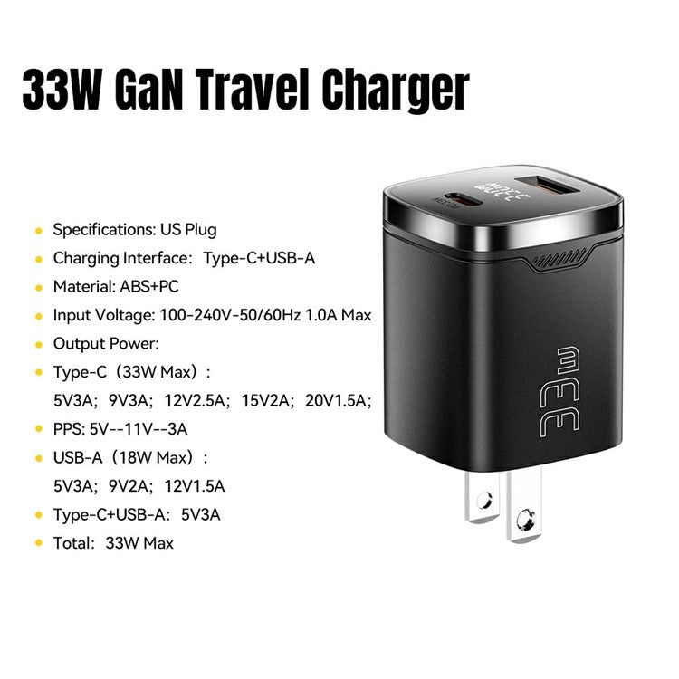 ESSAGER 33W Fast Charging Digital Display USB A + Type C Dual Port GaN Travel Charger - US Plug / Black