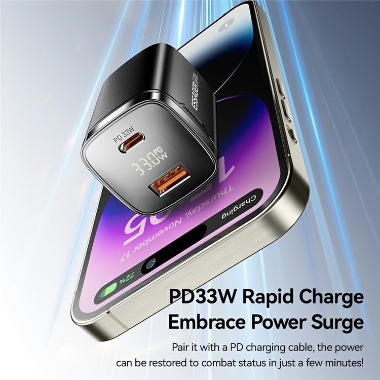 ESSAGER 33W Fast Charging Digital Display USB A + Type C Dual Port GaN Travel Charger - US Plug / Black