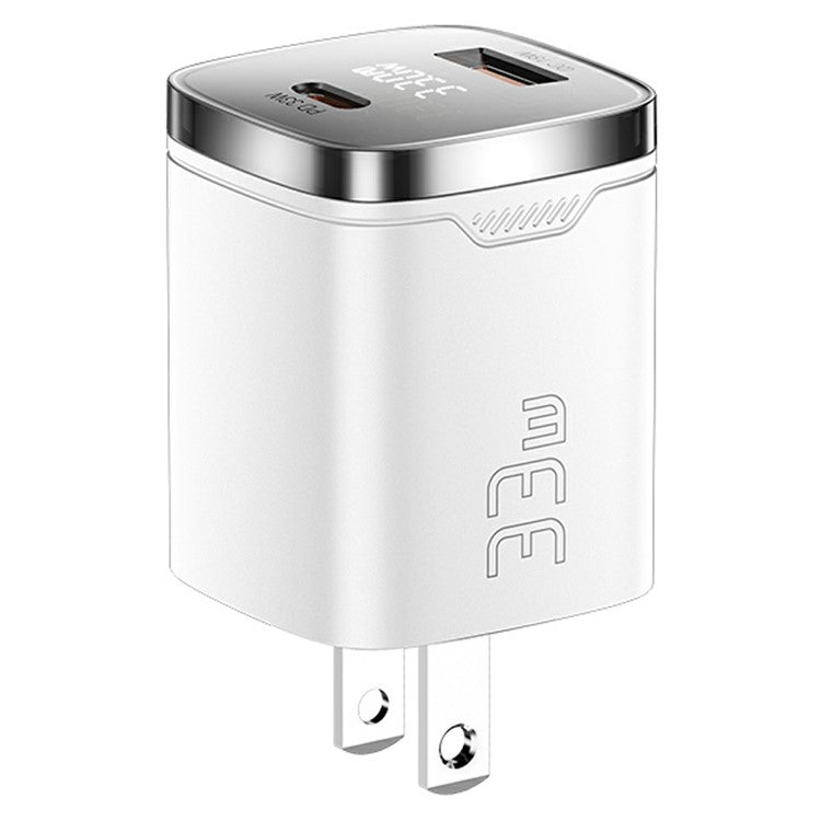 ESSAGER 33W Fast Charging Digital Display USB A + Type C Dual Port GaN Travel Charger - US Plug / White