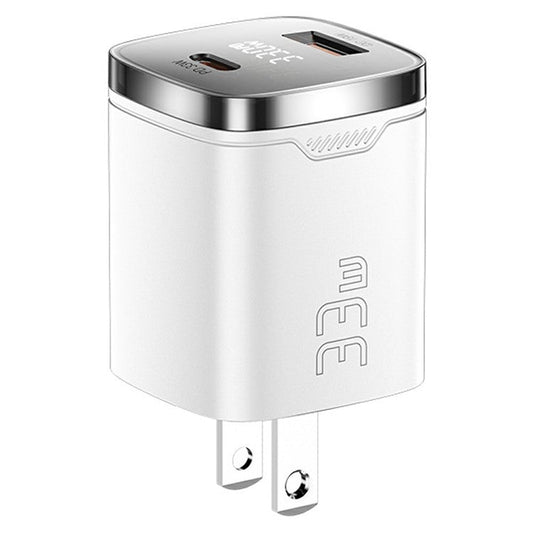 ESSAGER 33W Fast Charging Digital Display USB A + Type C Dual Port GaN Travel Charger - US Plug / White