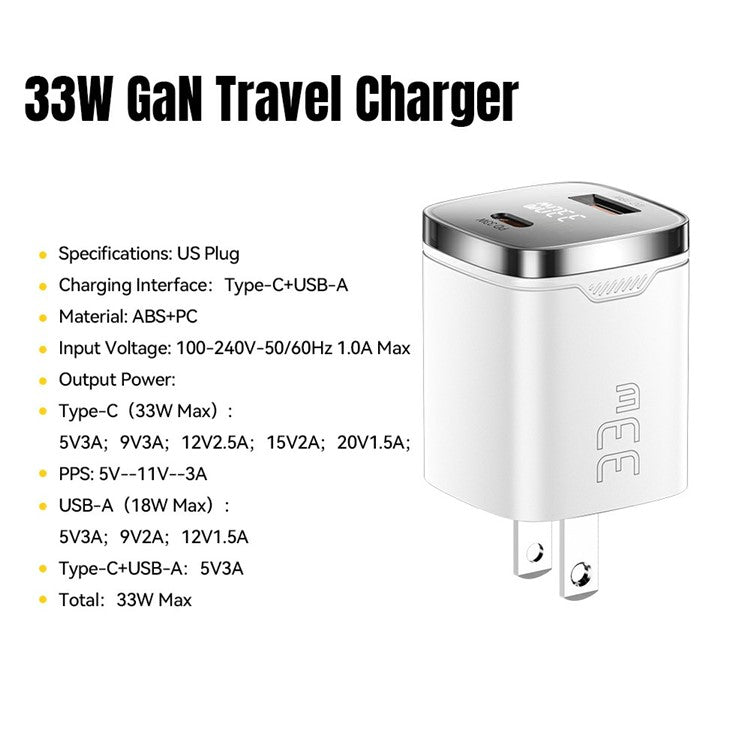 ESSAGER 33W Fast Charging Digital Display USB A + Type C Dual Port GaN Travel Charger - US Plug / White