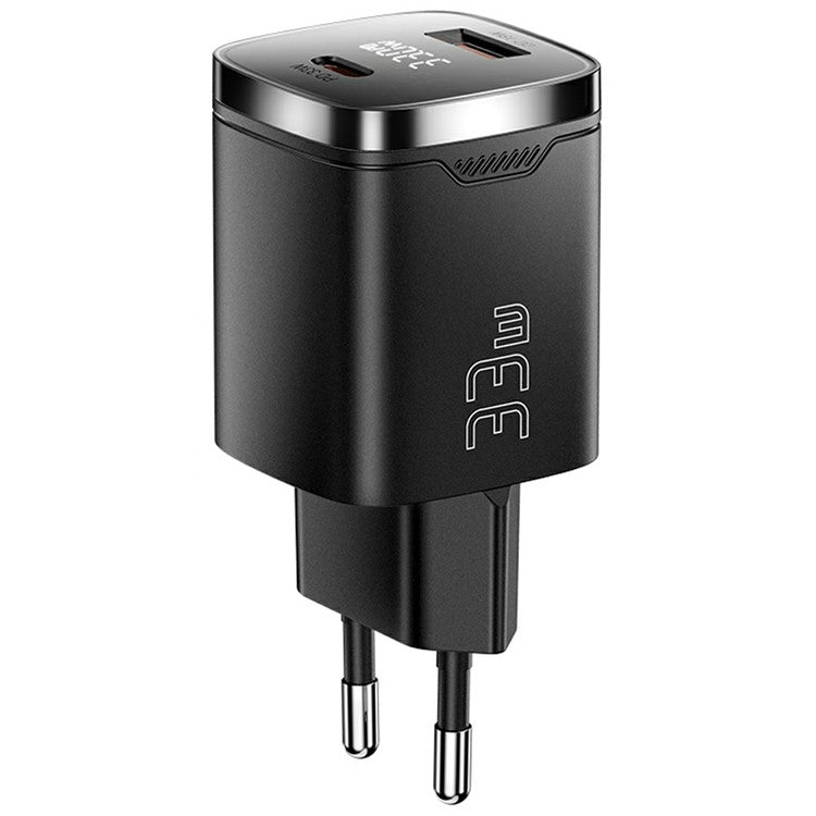 ESSAGER 33W Fast Charging Digital Display USB A + Type C Dual Port GaN Travel Charger - EU Plug / Black