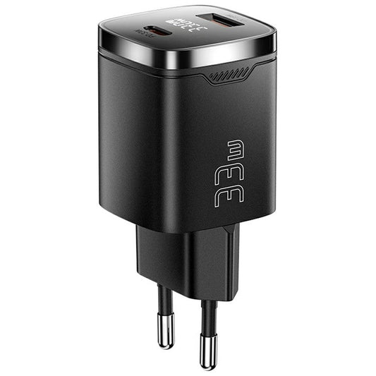ESSAGER 33W Fast Charging Digital Display USB A + Type C Dual Port GaN Travel Charger - EU Plug / Black