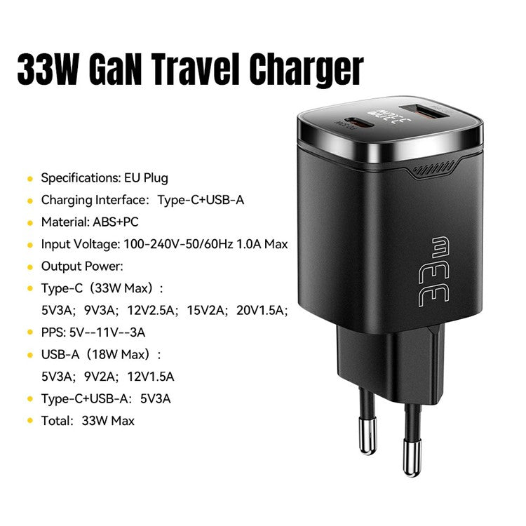 ESSAGER 33W Fast Charging Digital Display USB A + Type C Dual Port GaN Travel Charger - EU Plug / Black
