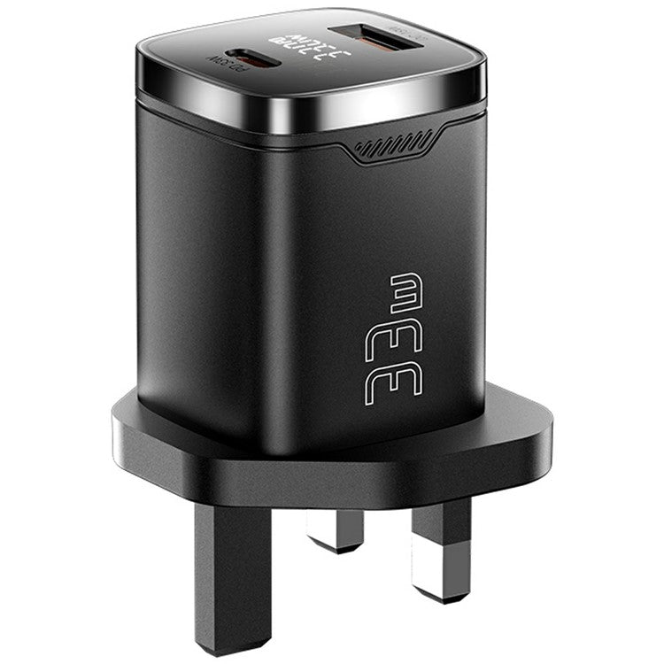 ESSAGER 33W Fast Charging Digital Display USB A + Type C Dual Port GaN Travel Charger - UK Plug / Black