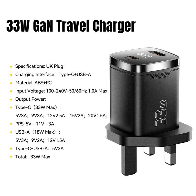ESSAGER 33W Fast Charging Digital Display USB A + Type C Dual Port GaN Travel Charger - UK Plug / Black