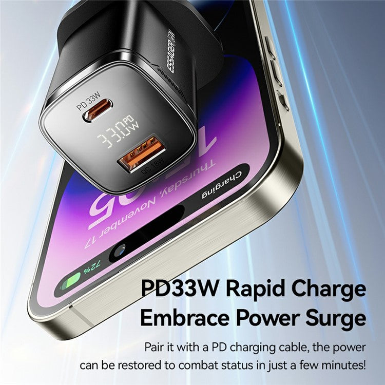 ESSAGER 33W Fast Charging Digital Display USB A + Type C Dual Port GaN Travel Charger - UK Plug / Black