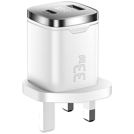 ESSAGER 33W Fast Charging Digital Display USB A + Type C Dual Port GaN Travel Charger - UK Plug / White