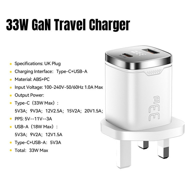 ESSAGER 33W Fast Charging Digital Display USB A + Type C Dual Port GaN Travel Charger - UK Plug / White