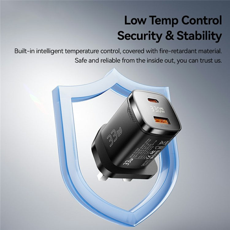 ESSAGER 33W Fast Charging Digital Display USB A + Type C Dual Port GaN Travel Charger - UK Plug / White