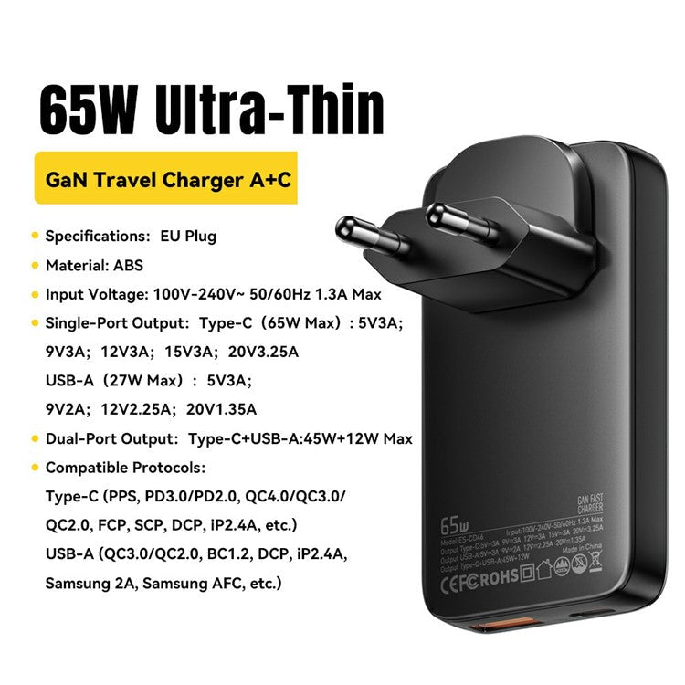 ESSAGER 65W Fast Charging Adapter USB A + Type C Dual Ports Ultra Slim GaN Travel Charger - EU Plug