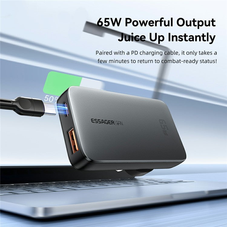 ESSAGER 65W Fast Charging Adapter USB A + Type C Dual Ports Ultra Slim GaN Travel Charger - UK Plug