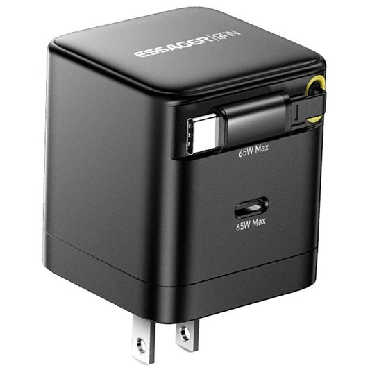 ESSAGER Portable 65W Fast Charging USB C Travel Charger with Retractable Type C Cable - US Plug