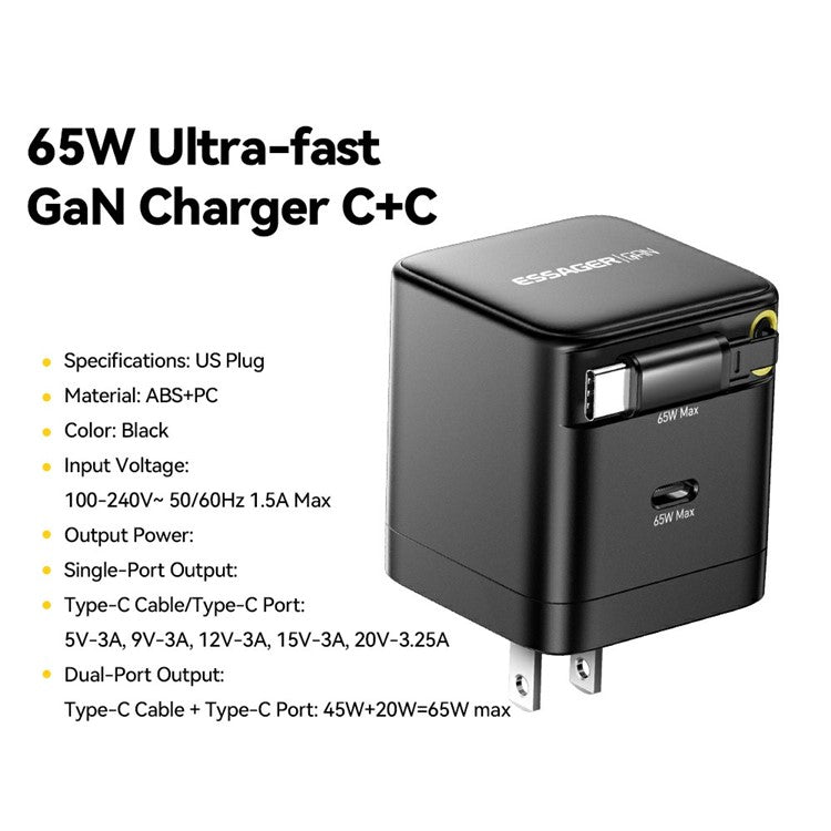 ESSAGER Portable 65W Fast Charging USB C Travel Charger with Retractable Type C Cable - US Plug