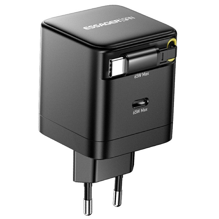 ESSAGER Portable 65W Fast Charging USB C Travel Charger with Retractable Type C Cable - EU Plug