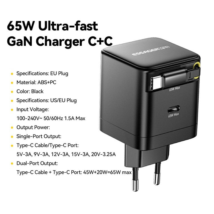 ESSAGER Portable 65W Fast Charging USB C Travel Charger with Retractable Type C Cable - EU Plug