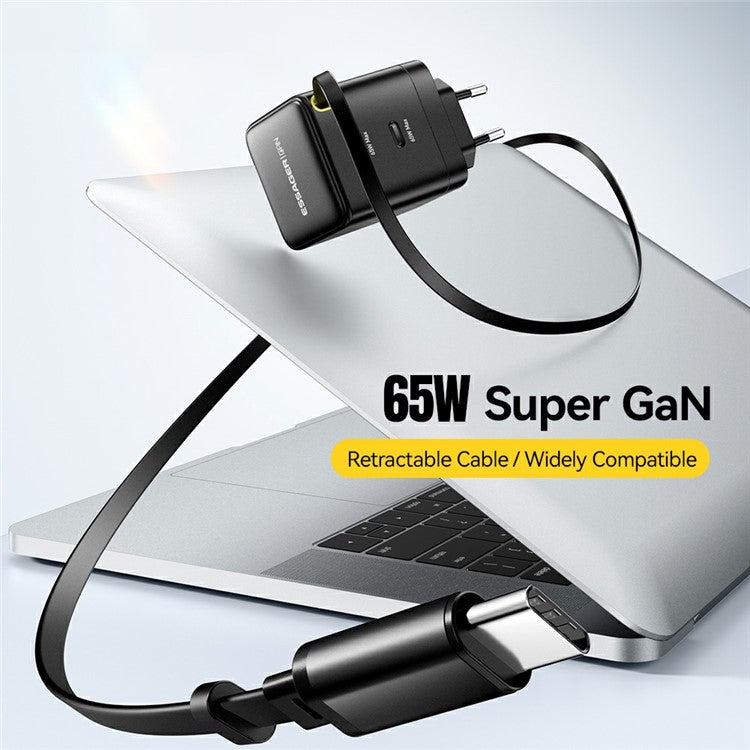 ESSAGER Portable 65W Fast Charging USB C Travel Charger with Retractable Type C Cable - EU Plug