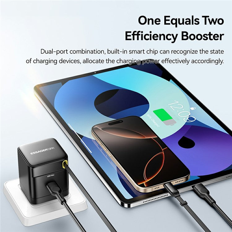 ESSAGER Portable 65W Fast Charging USB C Travel Charger with Retractable Type C Cable - EU Plug