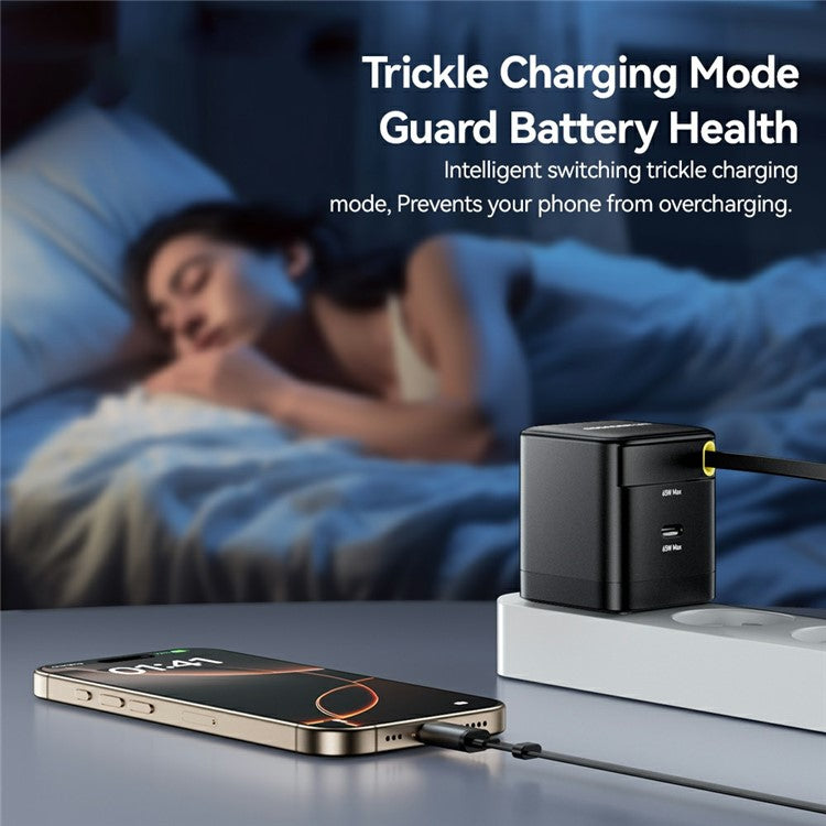 ESSAGER Portable 65W Fast Charging USB C Travel Charger with Retractable Type C Cable - EU Plug