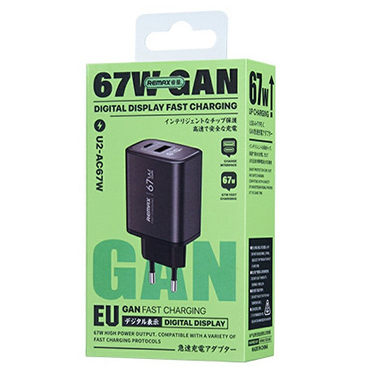 REMAX U2-AC67W GaN Digital Display Fast Charging Adapter Laptop Tablet Phone Type-C USB-A Charger - EU Plug