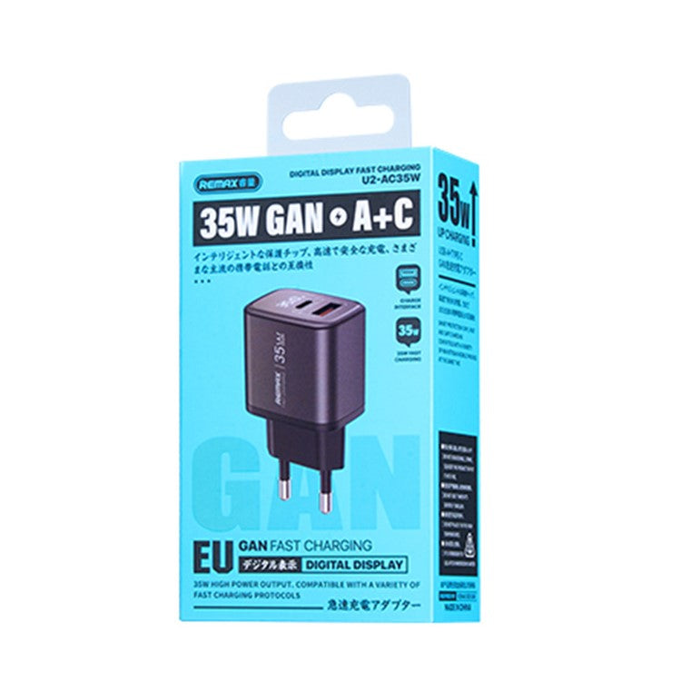 REMAX U2-AC35W GaN Digital Display Fast Charger Adapter 35W Type-C  /  30W USB-A Dual Port Adapter - EU Plug
