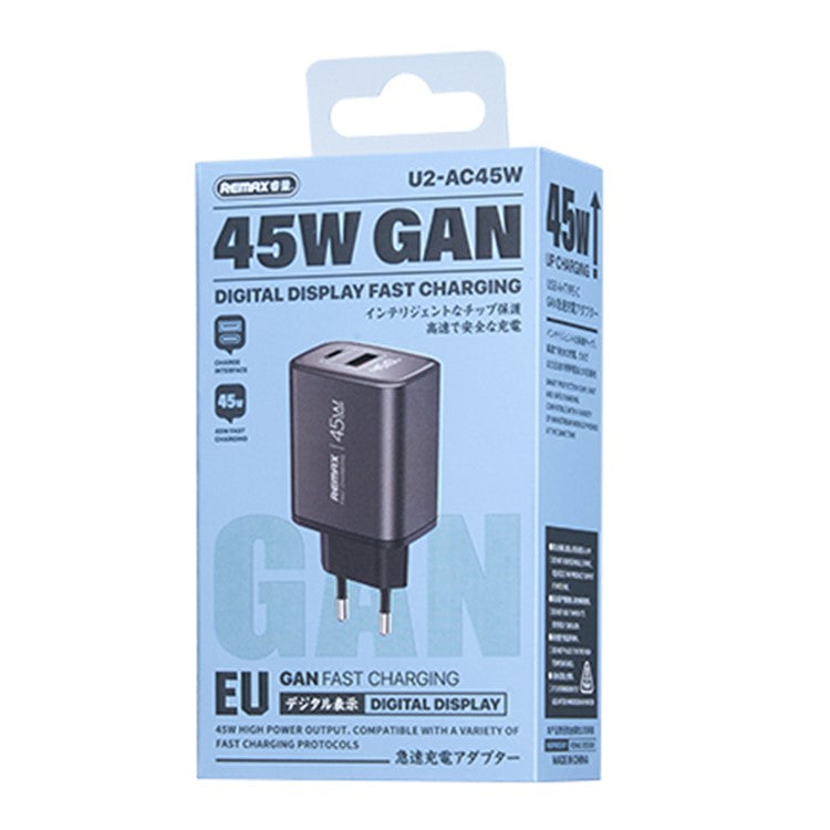 Remax U2-AC45W GaN Charger Digital Display Fast Charging Adapter 45W Type-C 30W USB-A EU Plug