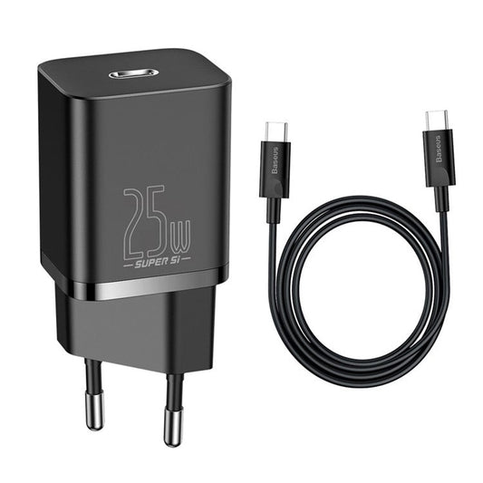 BASEUS Super Si Quick Charger Adapter 25W Wall Charger Block with Type-C to Type-C Charging Cable 3A 1m (EU Plug) - Black