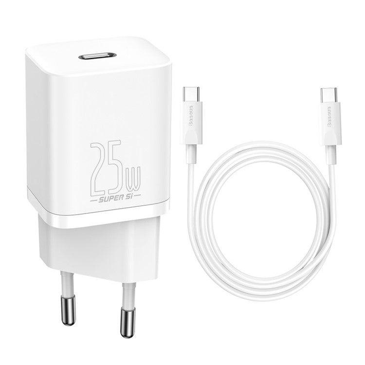 BASEUS Super Si Quick Charger Adapter 25W Wall Charger Block with Type-C to Type-C Charging Cable 3A 1m (EU Plug) - White