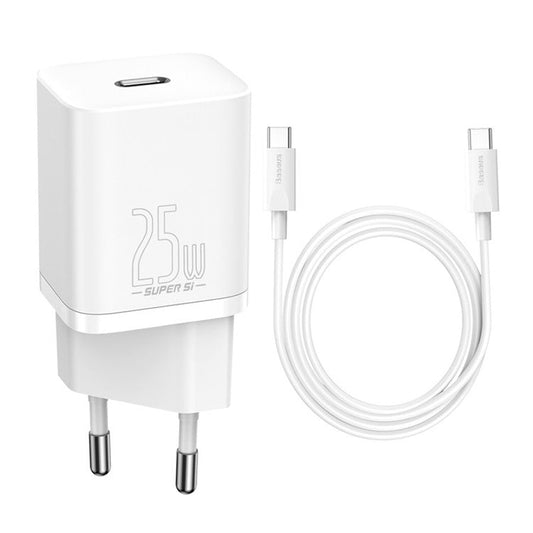 BASEUS Super Si Quick Charger Adapter 25W Wall Charger Block with Type-C to Type-C Charging Cable 3A 1m (EU Plug) - White