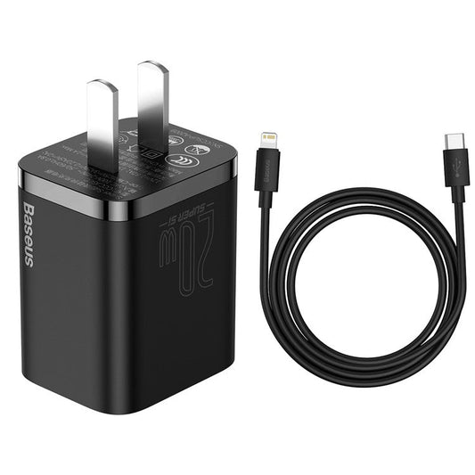 BASEUS Super Si Quick Charger 20W PD Wall Charger with Type-C to iP Data Cable 1m (CN Standard Plug) - Black