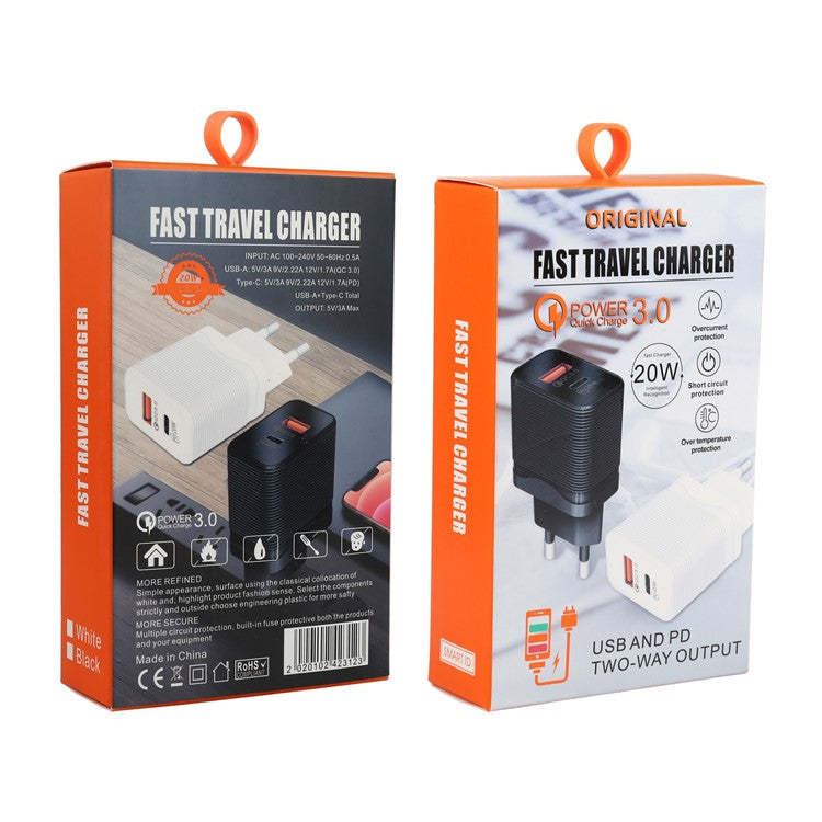 LZ-728 QC 3.0 USB+PD 20W Type-C Travel Wall Charger Fast Charging Phone Adapter for Xiaomi iPhone - Black EU Plug