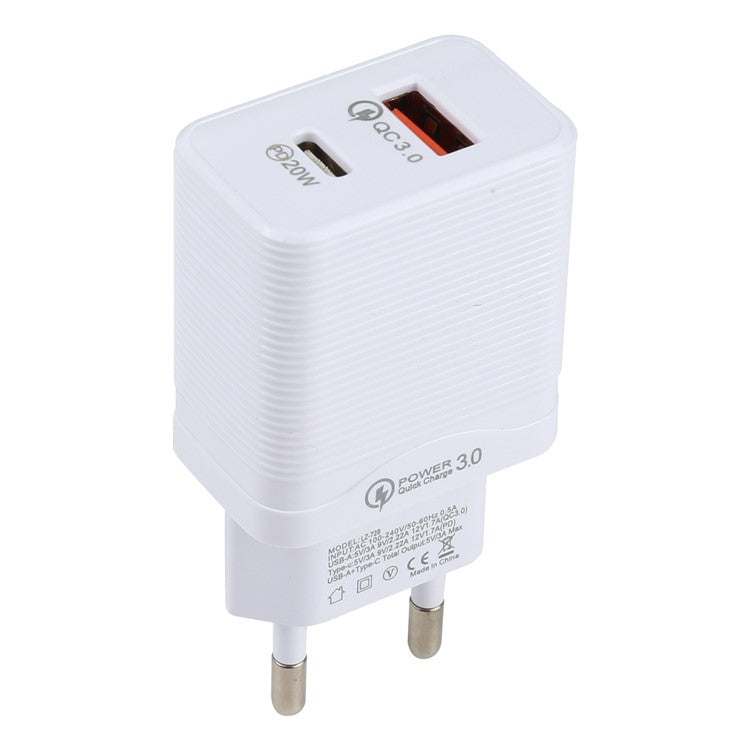 LZ-728 QC 3.0 USB+PD 20W Type-C Travel Wall Charger Fast Charging Phone Adapter for Xiaomi iPhone - White EU Plug