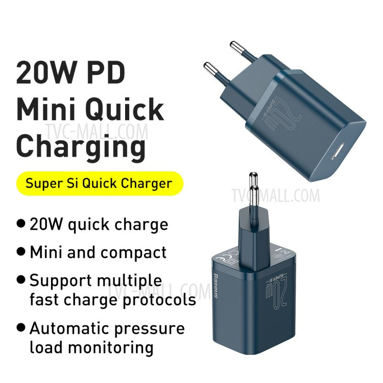 BASEUS Super Si USB C Charger 20W Support Type C PD Fast Charging with Cable for iPhone 12 Pro Max 11 - EU Plug / Navy Blue