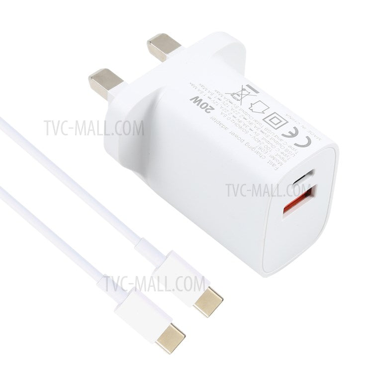 E087 20W Type-C+USB Fast Charging Wall Charger Power Adapter with 1m Type-C to Type-C Cable - UK Plug